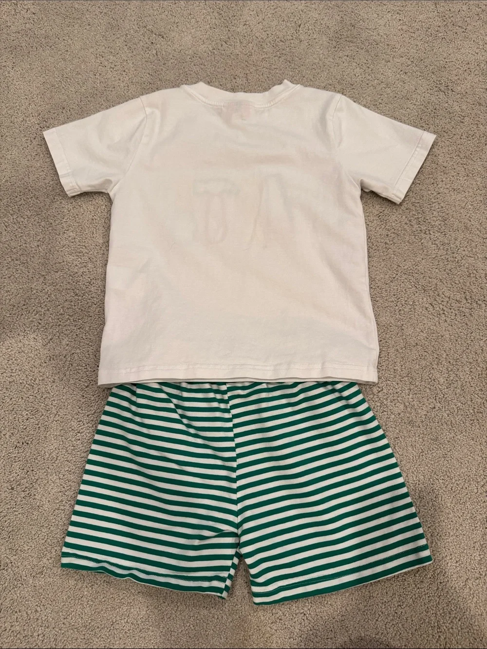 White Tool Appliqué Kids Matching Set with Green Striped Shorts